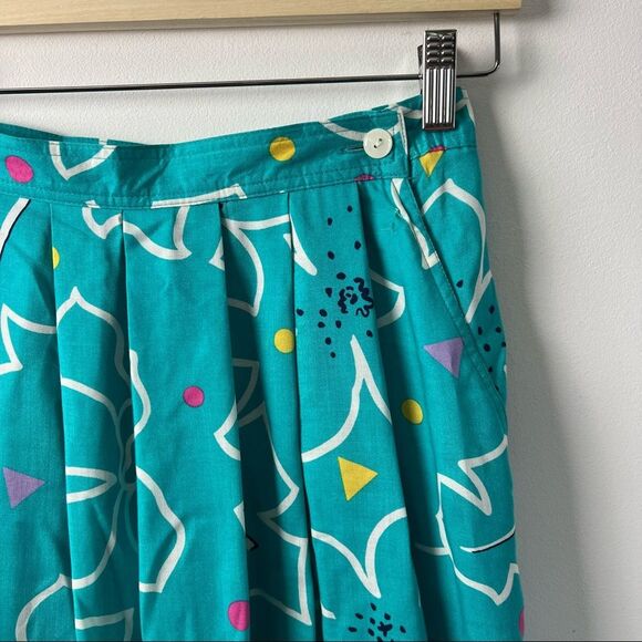 Chaus Vintage 80s Skirt MIDI Teal Vaporwave Polka Dot Flowers Womens Size 8 - Picture 5 of 11